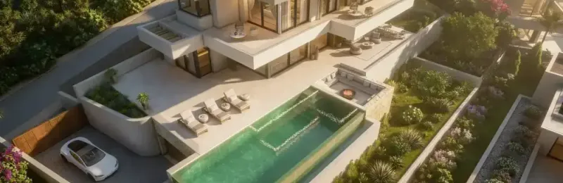 Villa Soal: vista aérea de villa escalonada con piscina desbordante