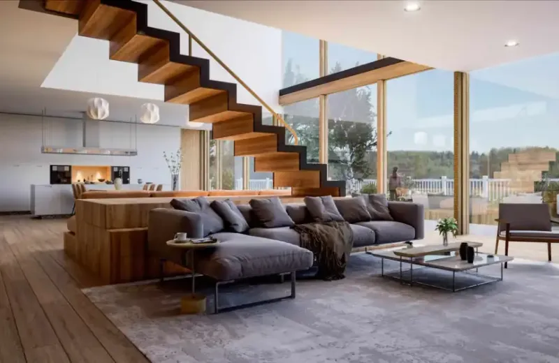 Salón de doble altura con escalera de madera