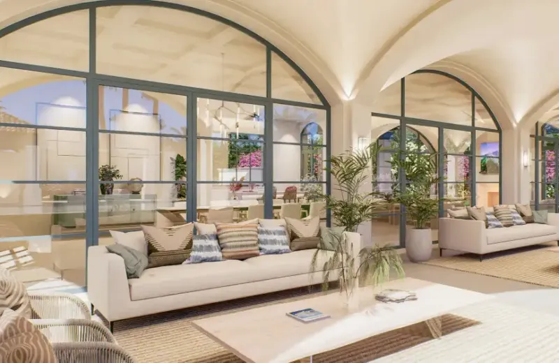 Villa Esmeralda: salón con ventanales en arco