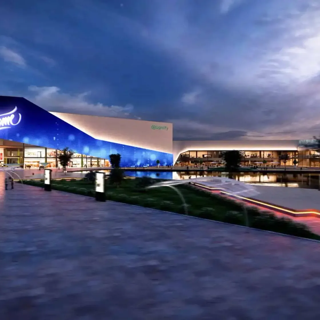 Animación para concurso: edificio iluminado de noche junto al agua