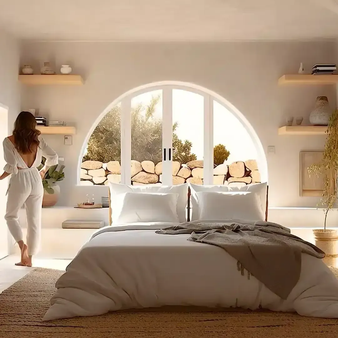 Dormitorio de estilo mediterráneo con ventana en arco