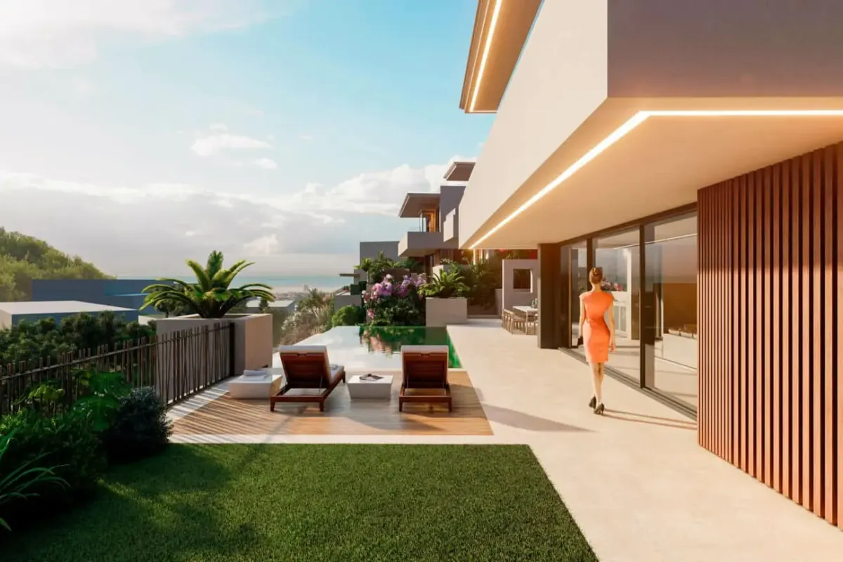 7 Heaven: outdoor walkway with timber cladding and garden