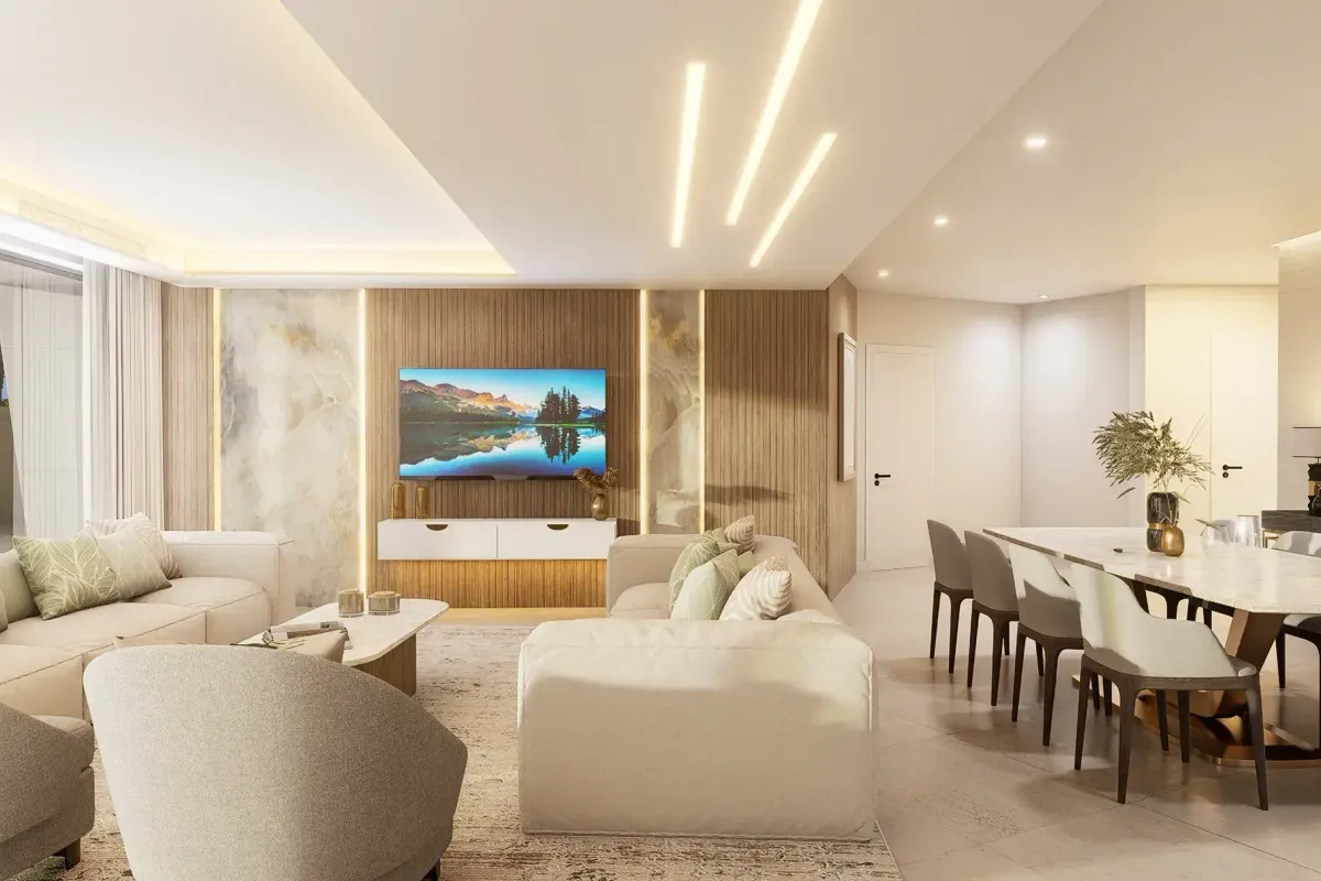 Contemporary living and dining room in pale tones