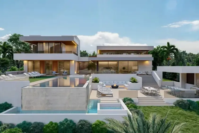 Villa contemporánea en ladera con piscinas y terrazas escalonadas