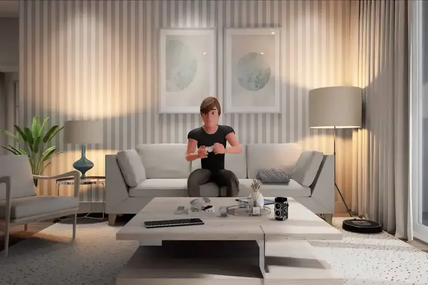Fotograma de animación: salón con personaje