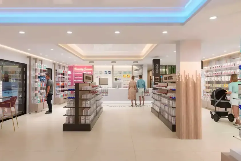 Interior de farmacia con mobiliario a medida