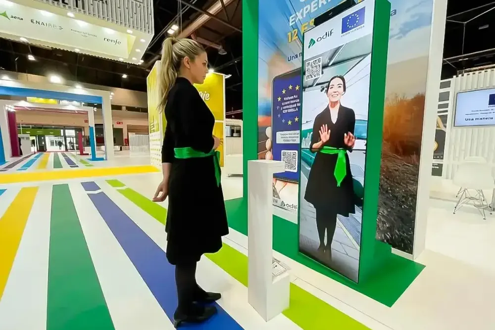 Azafata virtual en pantalla vertical controlada con Leap Motion en el stand de MITMA