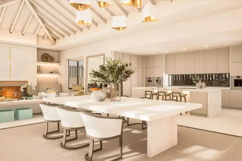 Residencia Pino: cocina y comedor bajo techo de madera