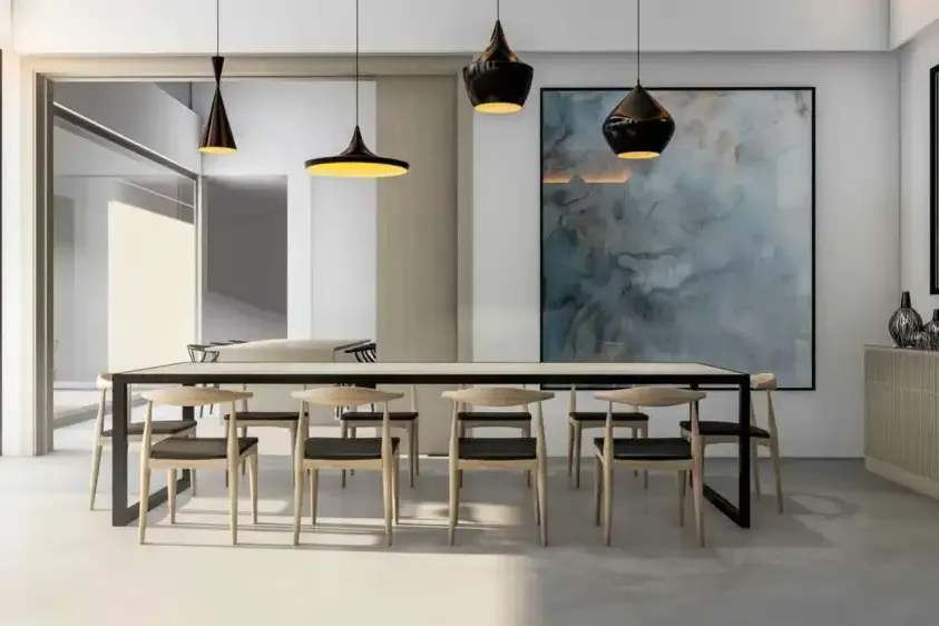 Villa Pareja: comedor con lámparas colgantes