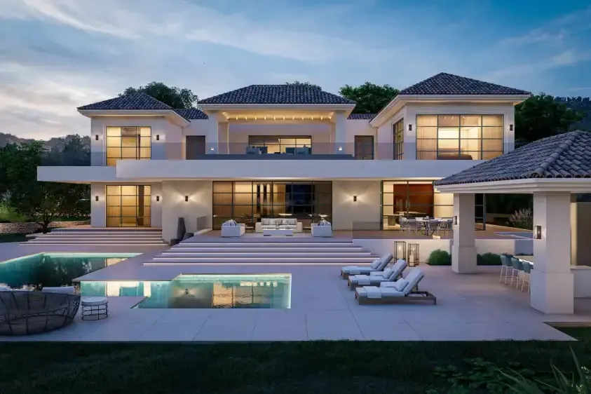 Villa Feliz: fachada con cubiertas a cuatro aguas y piscina