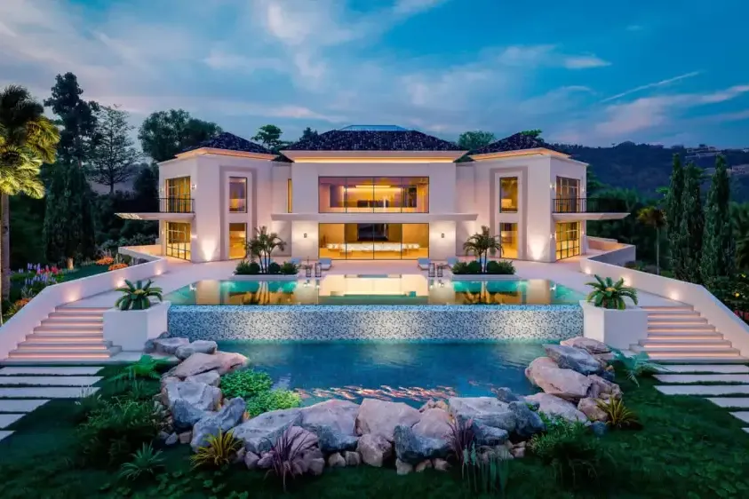 Villa en La Zagaleta al atardecer con iluminación exterior