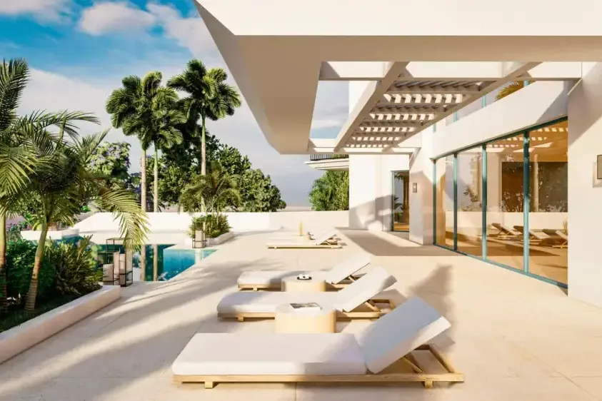 Villa en La Zagaleta: terraza con tumbonas bajo pérgola