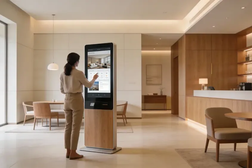 Placely: tótem táctil con asistente IA en la recepción de un hotel