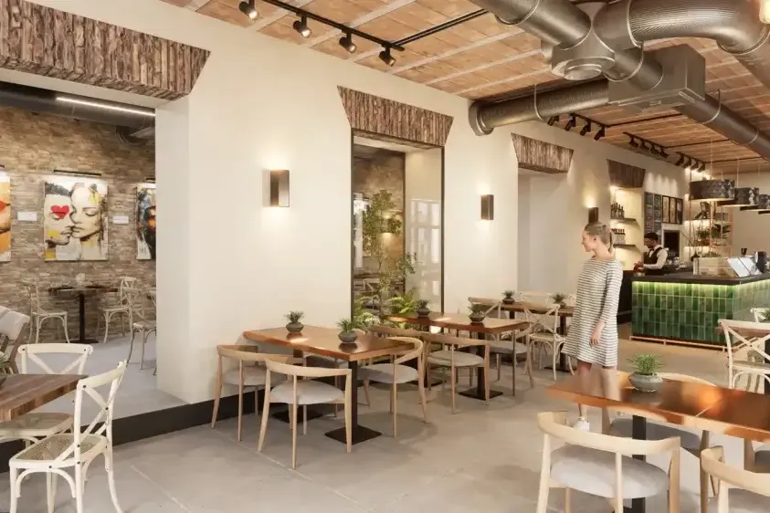 Pilastra: comedor con vigas de madera