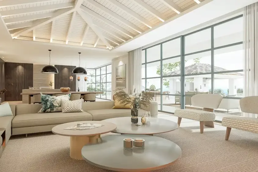 Residencia Pino: salón con techo de madera y grandes ventanales