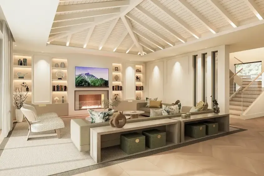 Residencia Pino: salón con chimenea y techo abovedado