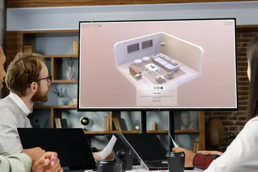 Reunión de proyecto con modelo 3D de estancia en pantalla