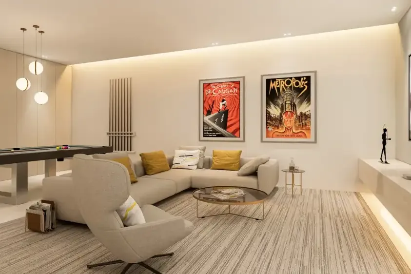 Sala de juegos con billar y zona de estar