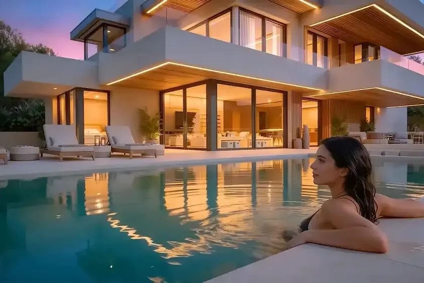 Villa contemporánea con piscina al anochecer y escena de lifestyle