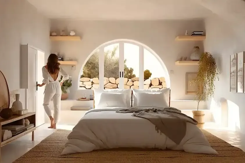Dormitorio de estilo mediterráneo con ventana en arco