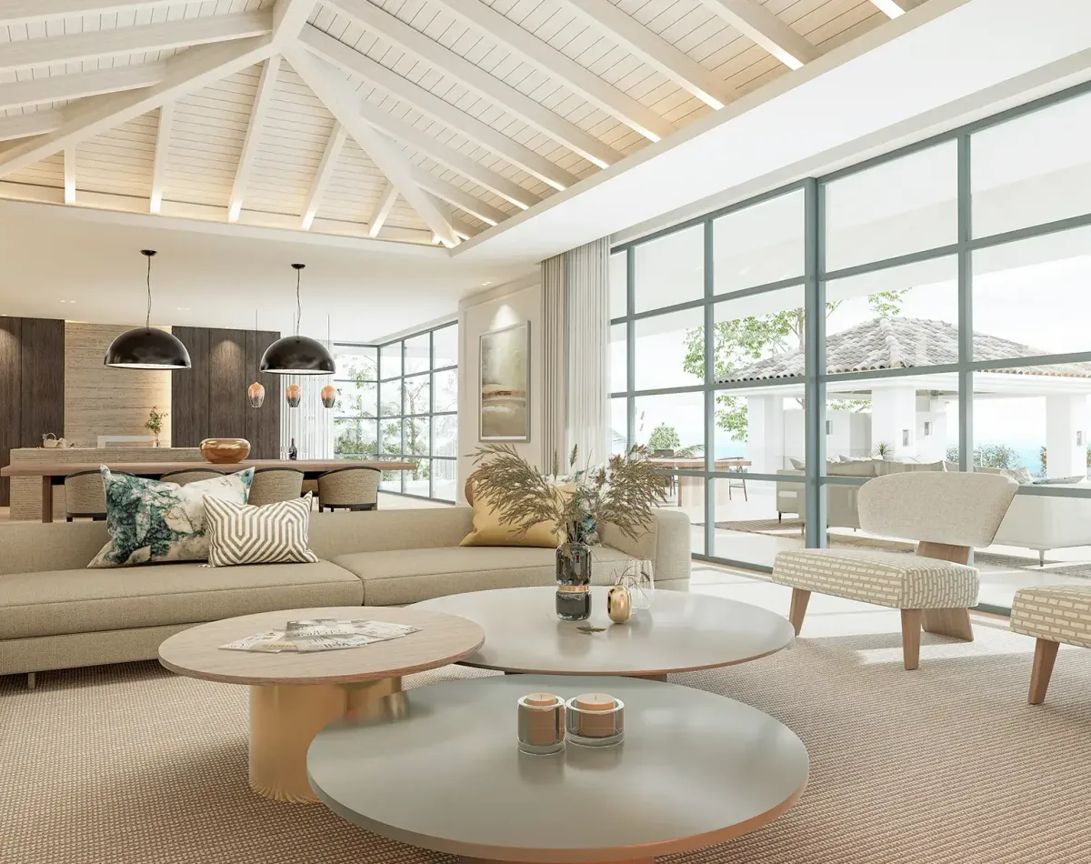 Residencia Pino: salón con techo de madera y grandes ventanales