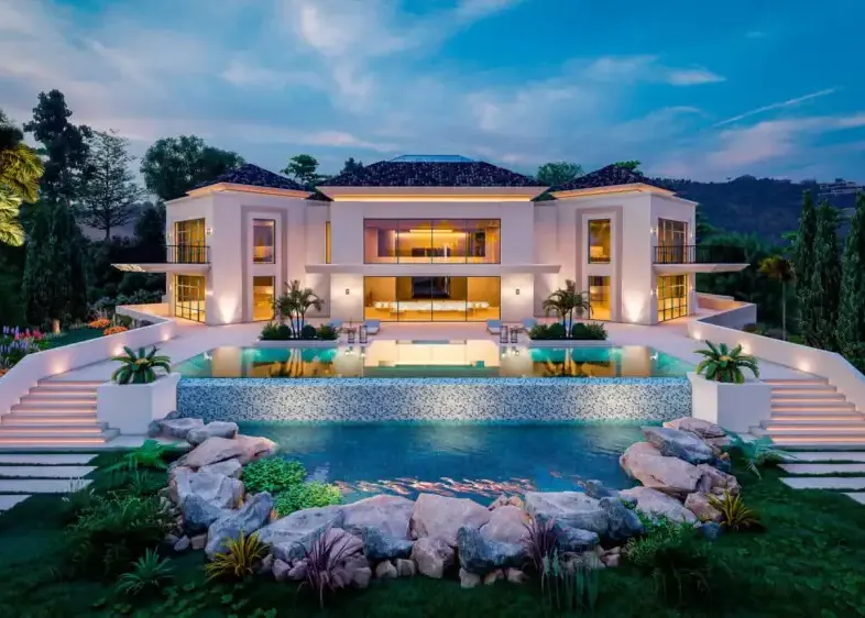 La Zagaleta villa at dusk with exterior lighting