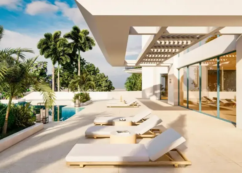 La Zagaleta villa: terrace with sun loungers under a pergola