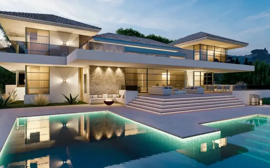 Villa Feliz: contemporary villa with an illuminated pool at dusk