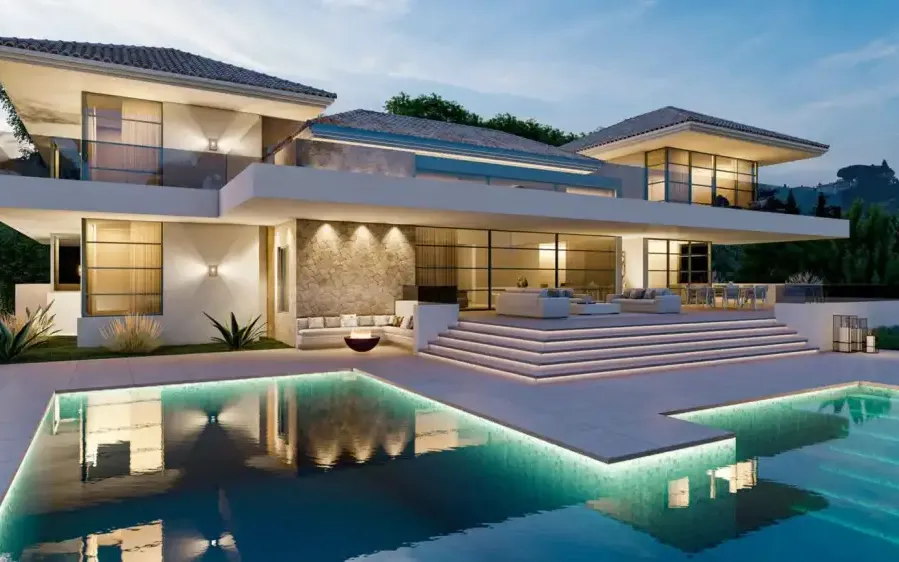 Villa Feliz: contemporary villa with an illuminated pool at dusk