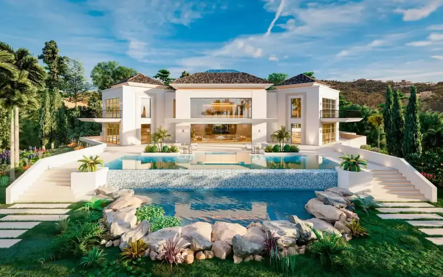La Zagaleta villa (Benahavís): white façade with rock pool and tropical garden