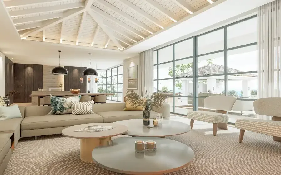 Residencia Pino: living room with timber ceiling and large windows