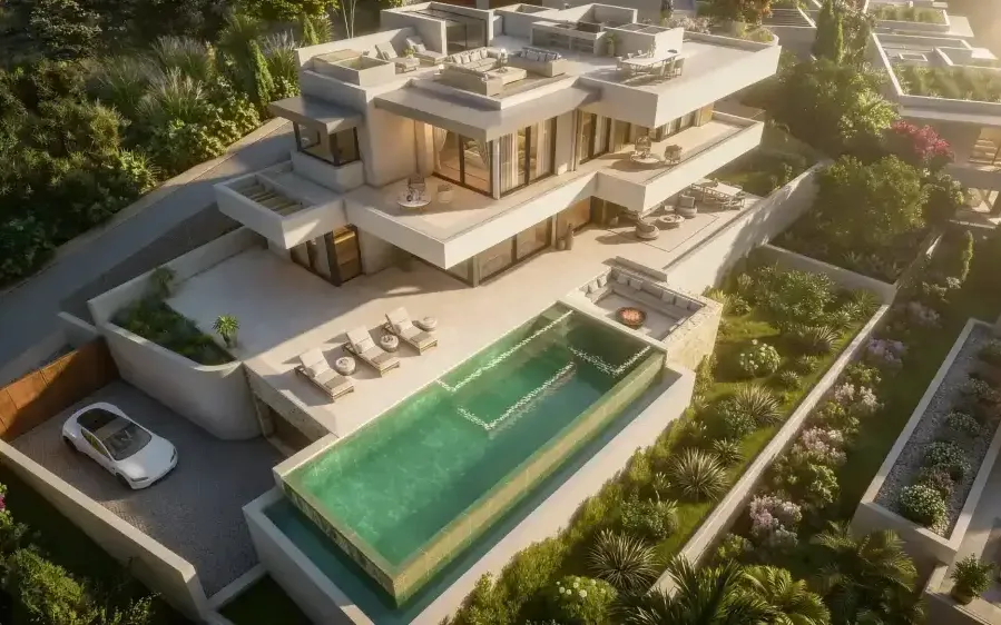 Villa Soal: aerial view of a terraced villa with infinity pool