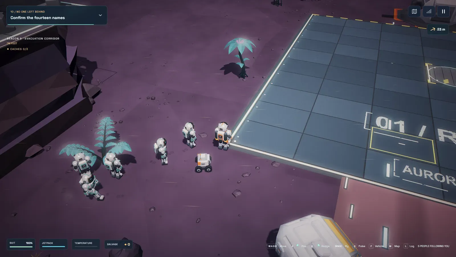 Beacon 9 scene with the technician, the rover and a group of survivors beside the evacuation platform, with the objective “Confirm the fourteen names” on screen