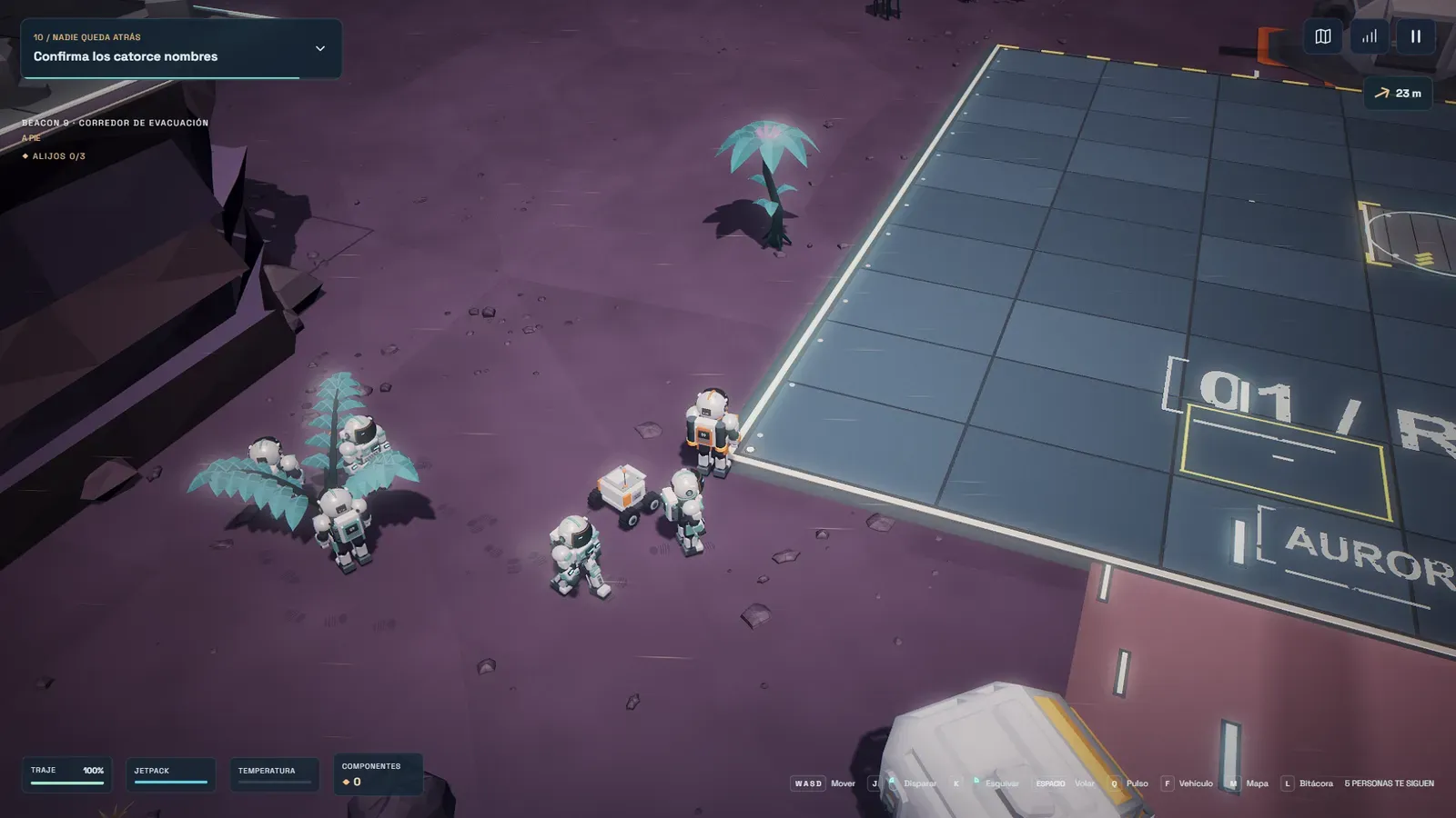 Escena de Beacon 9 con el técnico, su rover y un grupo de supervivientes junto a la plataforma de evacuación, con el objetivo «Confirma los catorce nombres» en pantalla