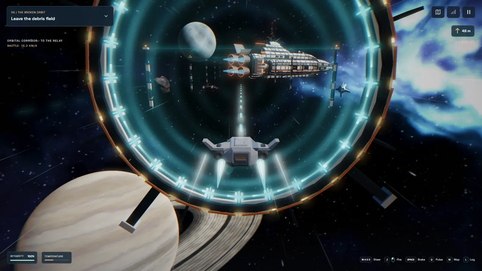 Beacon 9 shuttle flying through a glowing jump gate in orbit, with a large ship, a moon and a ringed planet