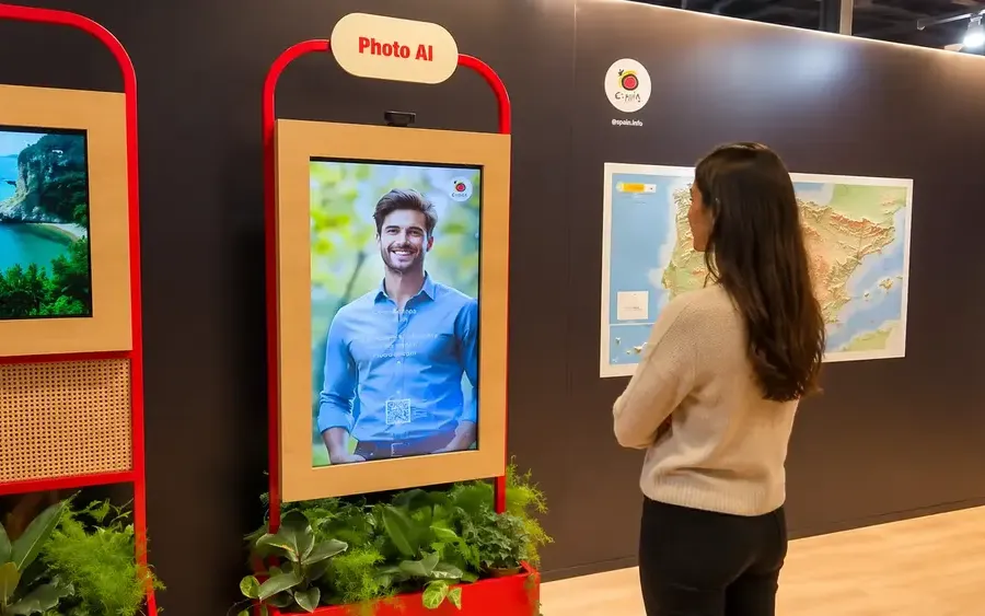 Turespaña Photo AI: tótem con el visitante en un paisaje de España y mapa de destinos en el stand