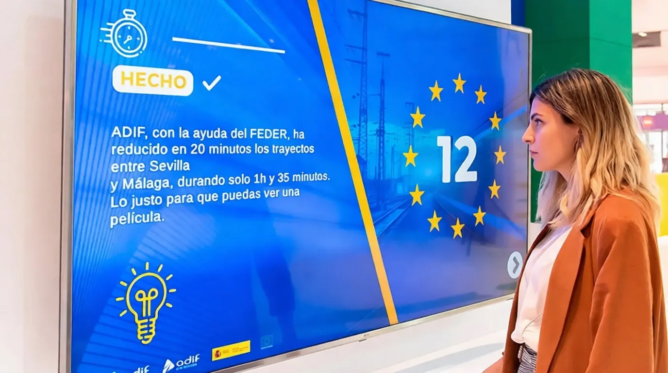 Visitor looking at a quiz screen showing a fact about the shorter journey between Seville and Málaga next to twelve stars