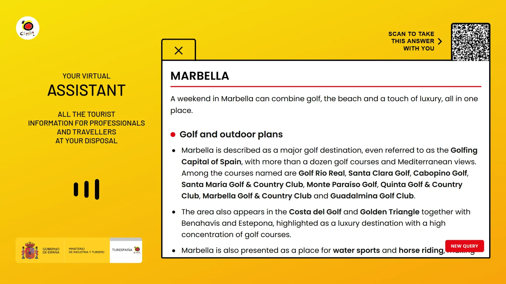 Pantalla amarilla del asistente virtual de Turespaña con una respuesta sobre Marbella y sus planes de golf, un código QR y el botón de nueva consulta