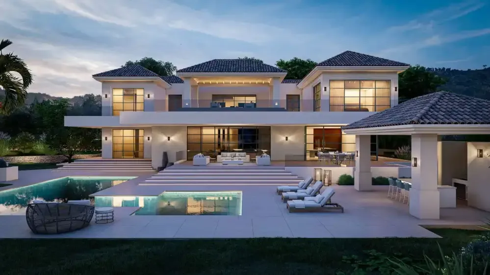 Villa Feliz: fachada con cubiertas a cuatro aguas y piscina