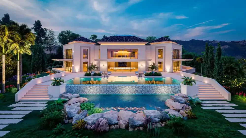 Villa en La Zagaleta al atardecer con iluminación exterior