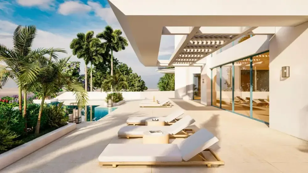 Villa en La Zagaleta: terraza con tumbonas bajo pérgola