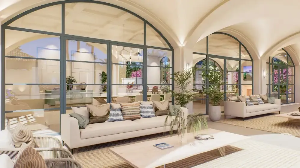 Villa Esmeralda: salón con ventanales en arco