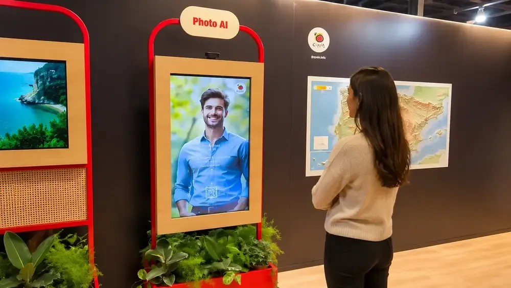 WOMI Photo AI: pantallas del fotomatón con IA en stand