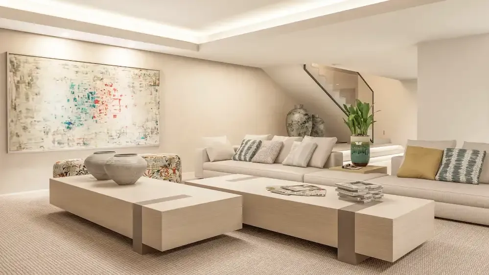 Residencia Pino: zona de estar con sofá lineal y obra de arte