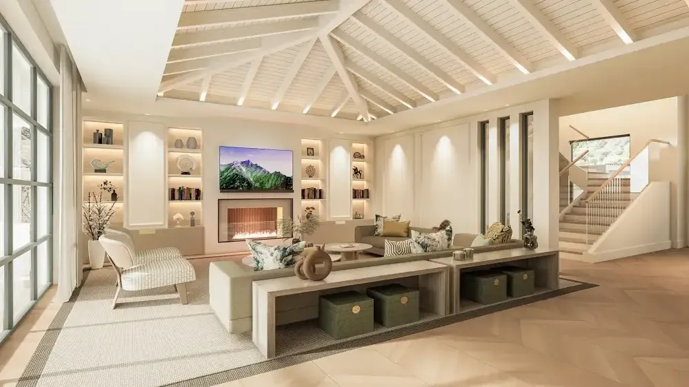 Residencia Pino: salón con chimenea y techo abovedado