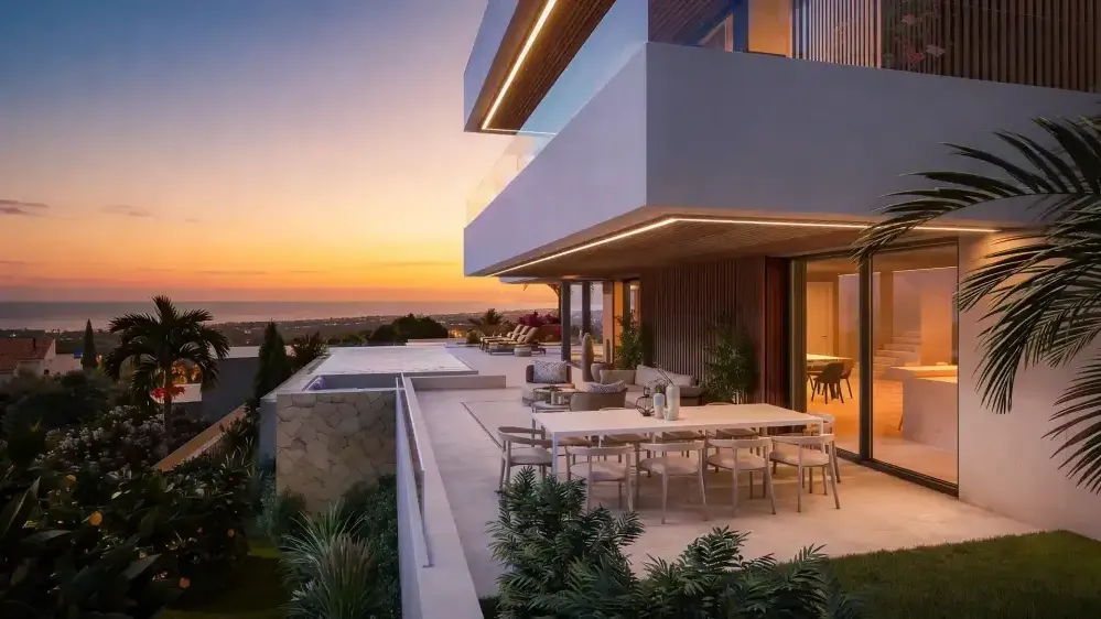 Villa Soal: outdoor dining terrace with sea views at sunset