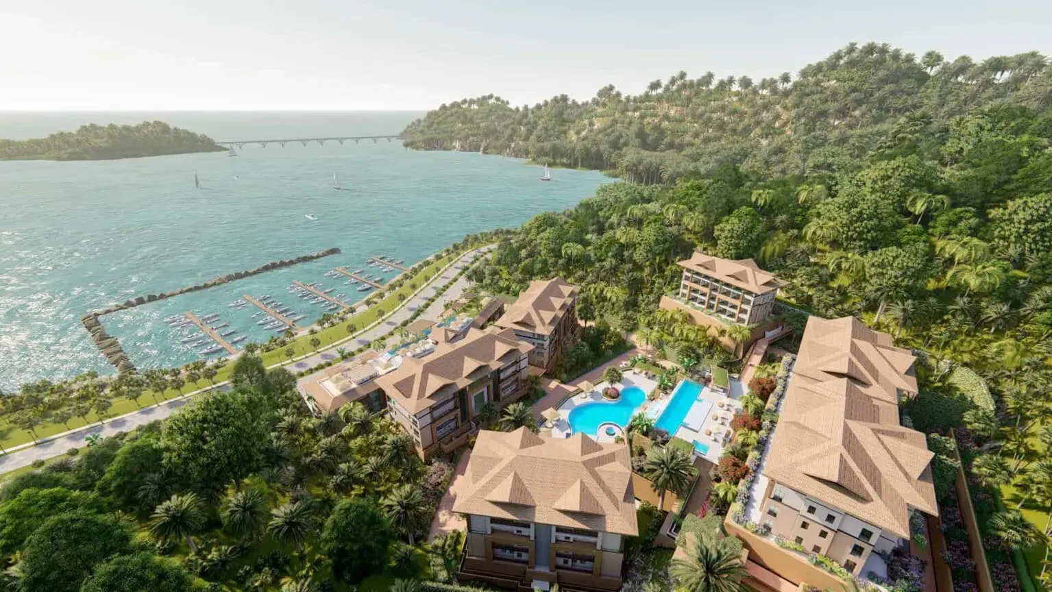 Aerial view of a coastal residential scheme beside a marina
