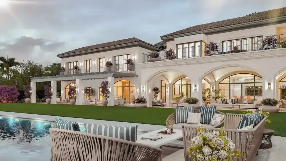 Villa Cerquilla: fachada al jardín con porches en arco, piscina y zona de estar exterior
