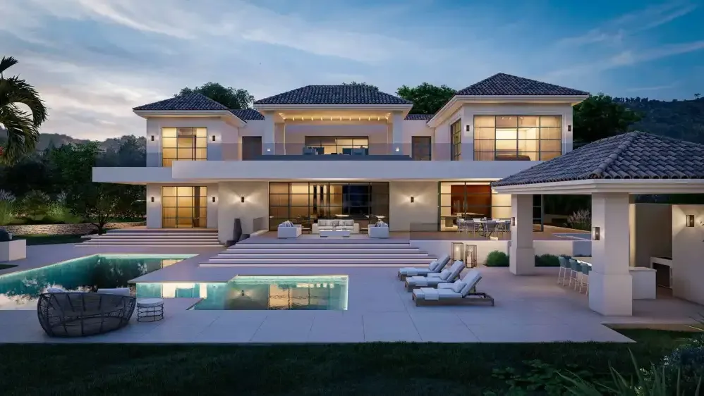Villa Feliz: fachada con cubiertas a cuatro aguas y piscina
