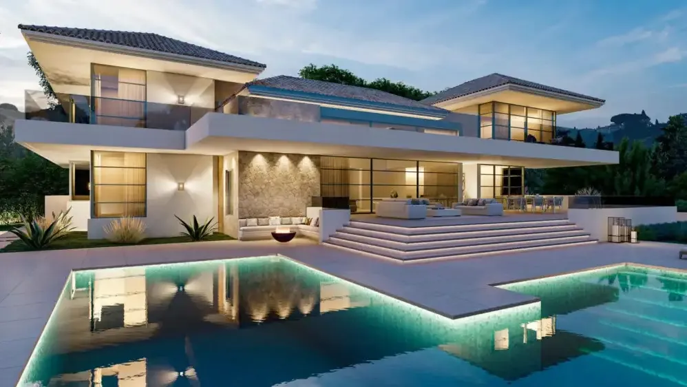 Villa Feliz: villa contemporánea con piscina iluminada al anochecer